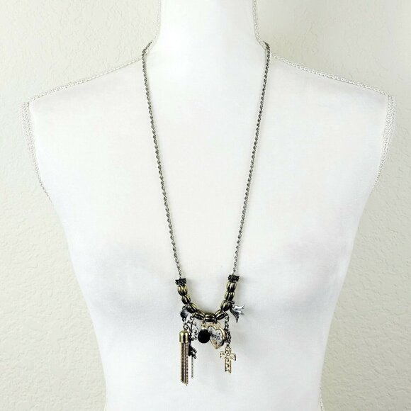 Cato Charm Necklace 2 Tone Silver & Gold Rope Chain Heart Bird Cross Key Tassel - Picture 2 of 7
